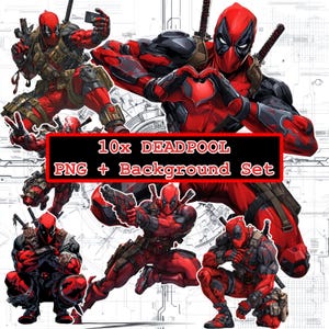 May include: A collection of ten Deadpool PNG images with a background set. The images feature Deadpool in various action poses, wearing his signature red and black costume. The text "10x DEADPOOL PNG + Background Set" is displayed in a red and black rectangle.