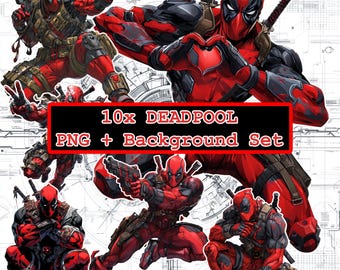 10x Ninja Cartoon PNG + Background – Red Suit Superhero Action Pose Set – Instant Download