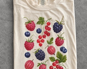 Camiseta com estampa de frutas vermelhas, camiseta de frutas de verão, presente estilo cottagecore, blusa para feira de produtores.