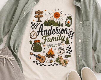 Camiseta personalizada para acampamento em família, camiseta com sobrenome personalizado, presente de reunião, camiseta de aventura