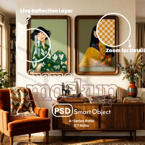 Puede incluir: Dos impresiones artísticas enmarcadas con ilustraciones de mujeres con ropa floral y estampada. Los marcos son de un tono de madera cálido. El texto "PSD Smart Object" y "A-Series Ratio 5:7 Ratio" son visibles. La habitación tiene una estética vintage.