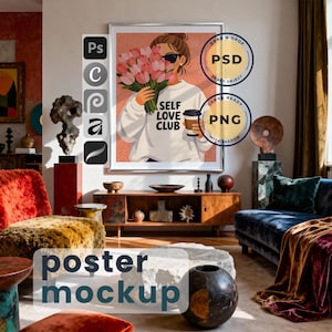 Puede incluir: Maqueta de póster enmarcado con una mujer con gafas de sol sosteniendo tulipanes y una taza de café. La mujer lleva una sudadera blanca con "SELF LOVE CLUB" impreso. Incluye opciones de archivos PSD y PNG.