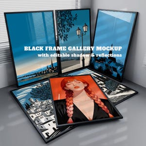 Pode incluir: Uma coleção de molduras pretas exibindo várias impressões artísticas, incluindo um retrato de uma pessoa com cabelo ruivo trançado e paisagens. O texto "BLACK FRAME GALLERY MOCKUP with editable shadow & reflections" está centralizado.