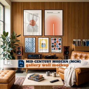 May include: A gallery wall mockup featuring five framed art prints with geometric designs and Bauhaus text. The prints are displayed on a vertical wood slat wall above a wooden media console, flanked by two speakers and a leather armchair.