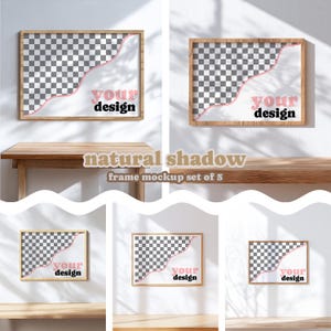 Maqueta de marco de madera natural / Interior escandinavo, sombra solar (5 archivos PSD)