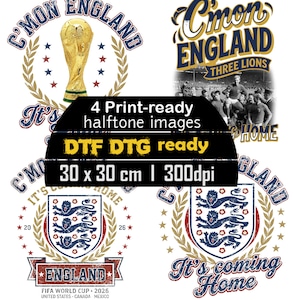 May include: Four print-ready halftone images with England football designs. The designs include the text "C'mon England", a gold trophy, and the phrase "It's coming Home". The images are 30 x 30 cm and ready for DTF and DTG printing.