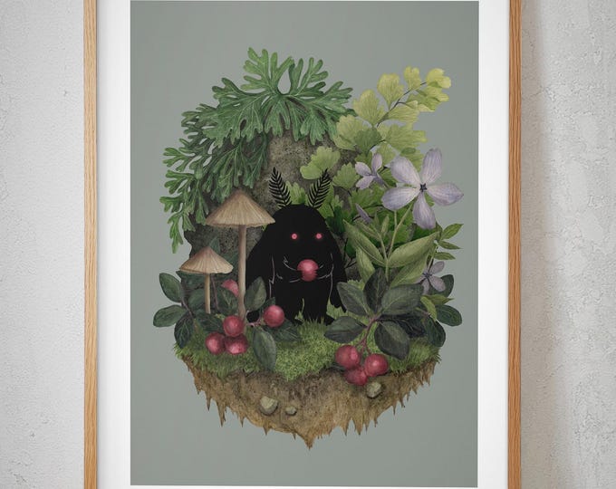 Tiny Mothman Art Print: Cute Cryptid Fantasy Botanical Illustration