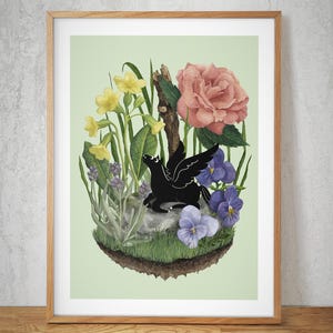 May include: A framed art print featuring a black pegasus amidst a vibrant floral arrangement. The artwork showcases a black pegasus with detailed wings, surrounded by yellow daffodils, a pink rose, and purple pansies. The background is a soft green.