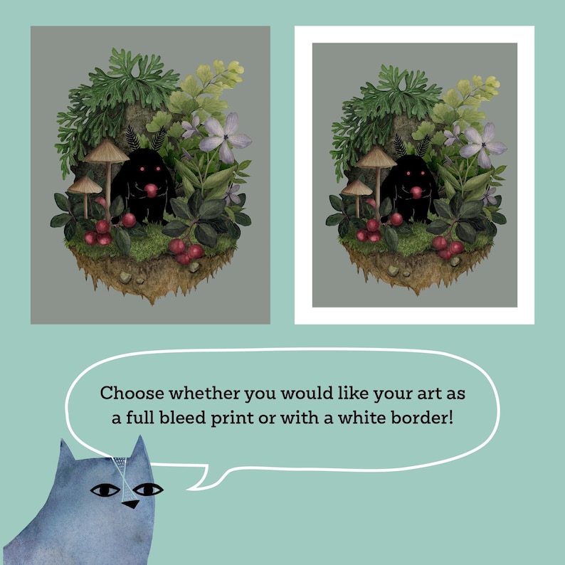 May include: Two art prints featuring a black moth-like creature with glowing red eyes, surrounded by green ferns, mushrooms, purple flowers, and red berries on a patch of earth. One print is full bleed, the other has a white border.
