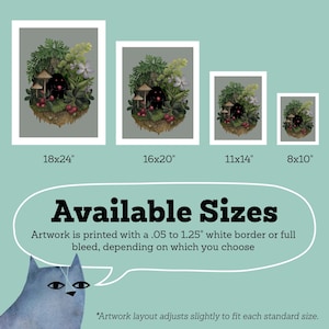 May include: Four rectangular art prints featuring a black creature surrounded by green foliage, mushrooms, and red berries. Sizes listed are 18x24", 16x20", 11x14", and 8x10". Text states: Available Sizes. Artwork is printed with a .05 to 1.25" white border.