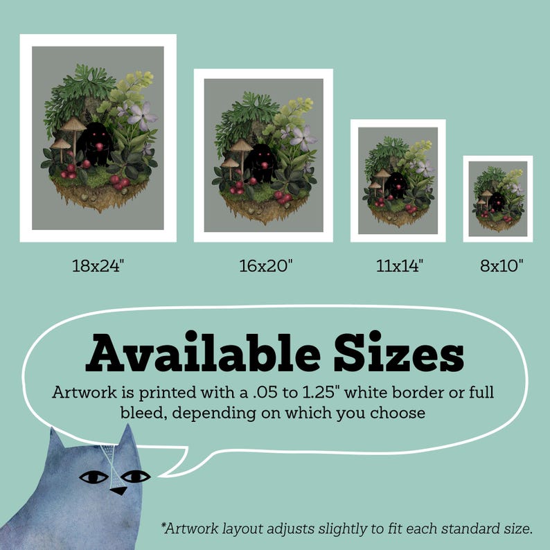 May include: Four rectangular art prints featuring a black creature surrounded by green foliage, mushrooms, and red berries. Sizes listed are 18x24", 16x20", 11x14", and 8x10". Text states: Available Sizes. Artwork is printed with a .05 to 1.25" white border.