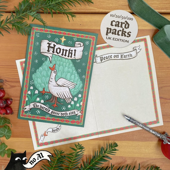 Medieval Goose Christmas Card Set, 10/20/50/100 Pack: Honk! The Herald Goose Doth Sing, Weird Medieval Marginalia Holiday Card | UK Edition
