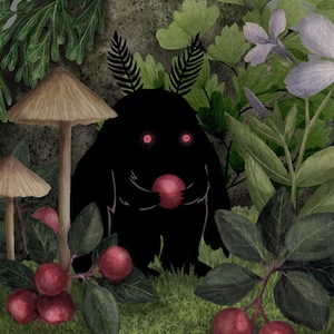 May include: A digital illustration of a black, furry creature with glowing red eyes and feathery antennae, holding a red berry. The creature is surrounded by brown mushrooms, green foliage, purple flowers, and clusters of red berries on dark green stems.