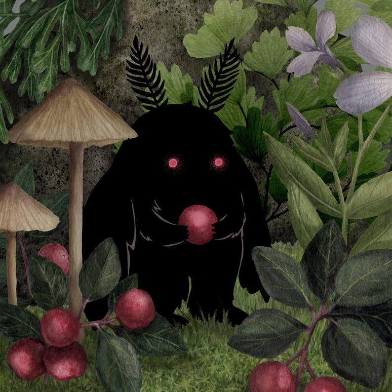 May include: A digital illustration of a black, furry creature with glowing red eyes and feathery antennae, holding a red berry. The creature is surrounded by brown mushrooms, green foliage, purple flowers, and clusters of red berries on dark green stems.