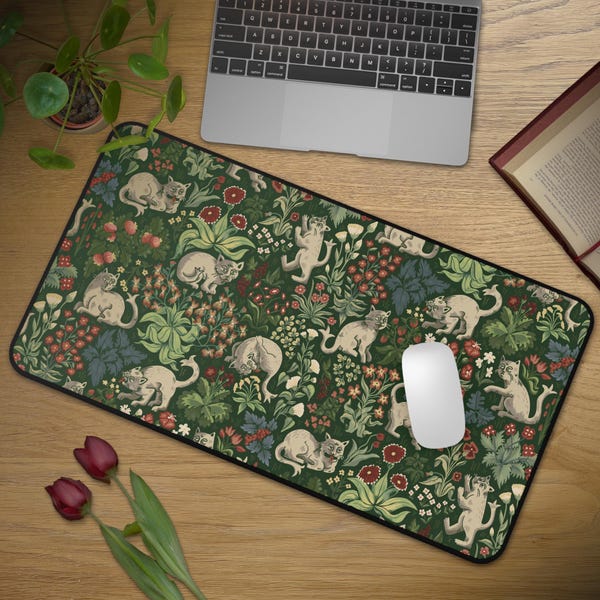 Medieval Cats Desk Mat: Dark Floral Tapestry Large Mouse Pad | Weird Cat Office Decor, Castlecore Gift