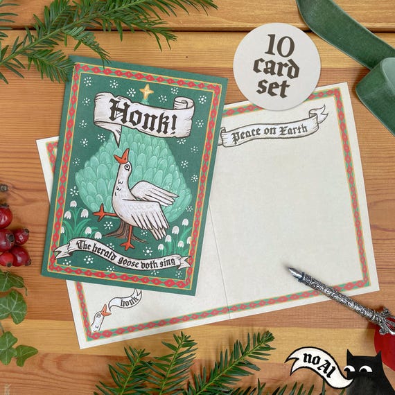 Medieval Goose Christmas Card Set, 10 Pack: Honk! The Herald Goose Doth Sing, Weird Marginalia Holiday Greetings