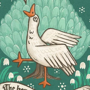 May include: Illustration of a white goose with orange beak and feet, standing on a tree trunk. The goose is set against a teal background with a stylized tree and white flowers. The artwork has a vintage, storybook style.