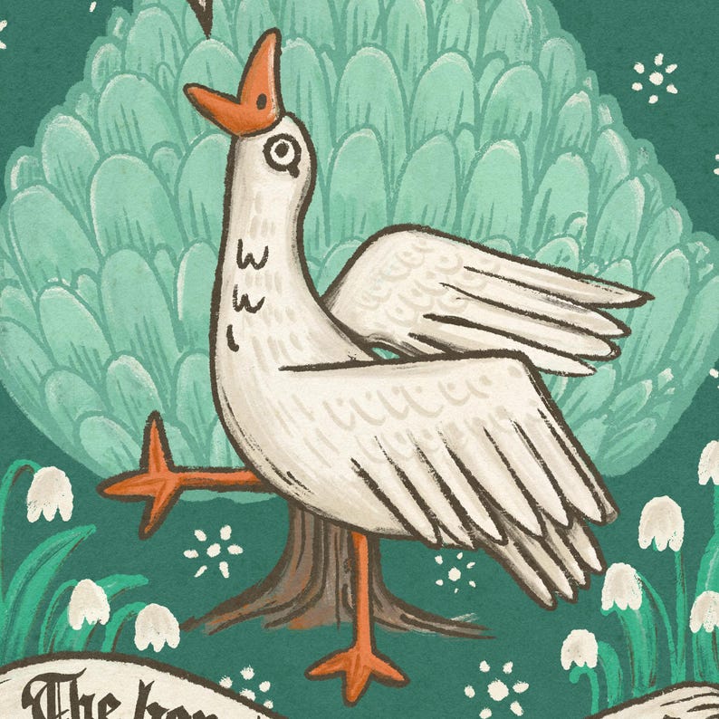 May include: Illustration of a white goose with orange beak and feet, standing on a tree trunk. The goose is set against a teal background with a stylized tree and white flowers. The artwork has a vintage, storybook style.