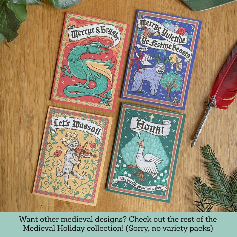 Medieval Goose Christmas Card Set, 10 Pack: Honk! The Herald Goose Doth Sing, Weird Marginalia Holiday Greetings 画像 5