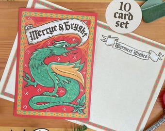 Medieval Dragon Christmas Card Set, 10 Pack: Merry & Bright, Weird Medieval Marginalia Inspired Holiday Art
