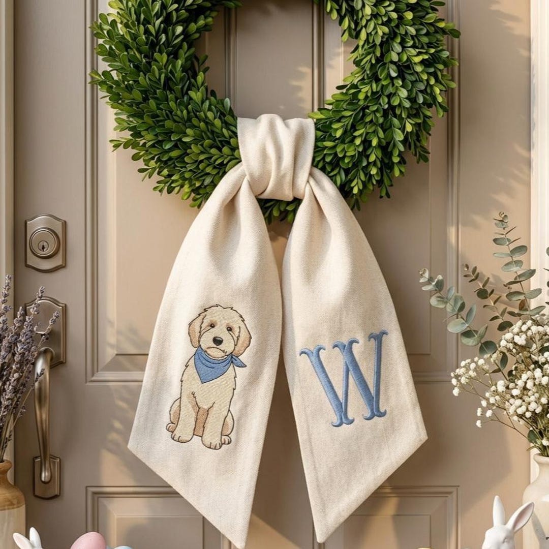 Personalized Dog Wreath Sash, Custom Monogram Poodle Goldendoodle Front Door Decor, Embroidered Linen Wreath Bow, Pet Lover Gift - Embroidery 2 Tails, Ivory