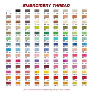May include: A color chart of embroidery thread with 127 numbered color swatches. The chart includes a range of colors, from white to black, with various shades of red, green, blue, and yellow. Text at the bottom states, "Color will look different depending on light and screens."