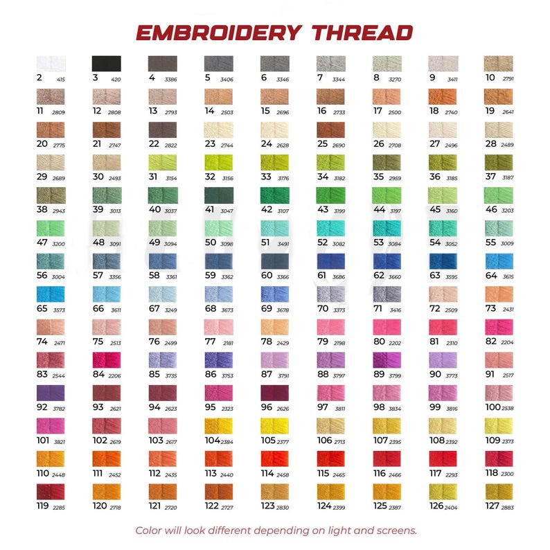 May include: A color chart of embroidery thread with 127 numbered color swatches. The chart includes a range of colors, from white to black, with various shades of red, green, blue, and yellow. Text at the bottom states, "Color will look different depending on light and screens."