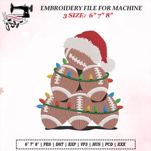 May include: An embroidery file design featuring a Christmas tree made of footballs. The tree is adorned with colorful lights and topped with a Santa hat. The design is available in three sizes: 6", 7", and 8".