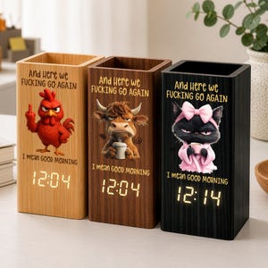 Here We F*cking Go Again I Mean Good Morning Pen Holder With Clock, Funny Coworker Boss Gift, Personalized Desk Decor