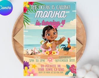 Moana Birthday Invitation, Hawaiian Theme Party, Editable Template (Digital Download)