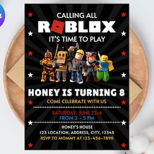 Roblox Invitation, Roblox Invite, Game Party, Roblox Boys Birthday Invitation Template, Game Birthday, Kids Roblox, Editable Template, Canva