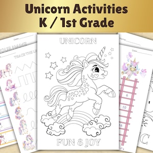 以下が含まれることがあります： Unicorn Activities K / 1st Gradeと題された教育用アクティビティシートのセット。ページには、ユニコーン、虹、雲の白黒線画が描かれており、なぞり書き練習、点つなぎパズル、子供向けのライティング課題が含まれています。