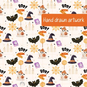 Cute Halloween Seamless Pattern PNG, Spooky Ghost Digital Paper, Hand Drawn Witch Hat & Bat Surface Pattern Design, Cozy Autumn Craft File