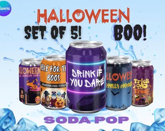 ハロウィンソーダ缶ラベル：不気味なドリンクラップ（5枚セット）（すぐにダウンロード）