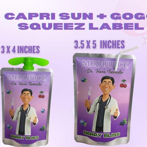 May include: Two juice pouches labeled "MEDIJUICE" with the text "Berry Bliss". One pouch is 3 x 4 inches, the other is 3.5 x 5 inches. The pouches feature a cartoon doctor, blueberries, and cherries.