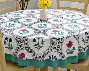 Hand Block Printed Cotton Round Tablecloth: Floral Green Border