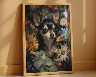 Chihuahua Blumenkunst Druck – Botanisches Hundeportrait