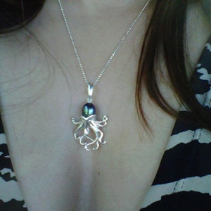 Octopus pendant in Sterling Silver with pearl body and gem eyes image 3