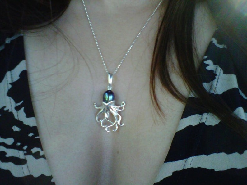 Octopus pendant in Sterling Silver with pearl body and gem eyes image 3