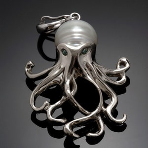 Octopus pendant in Sterling Silver with pearl body and gem eyes