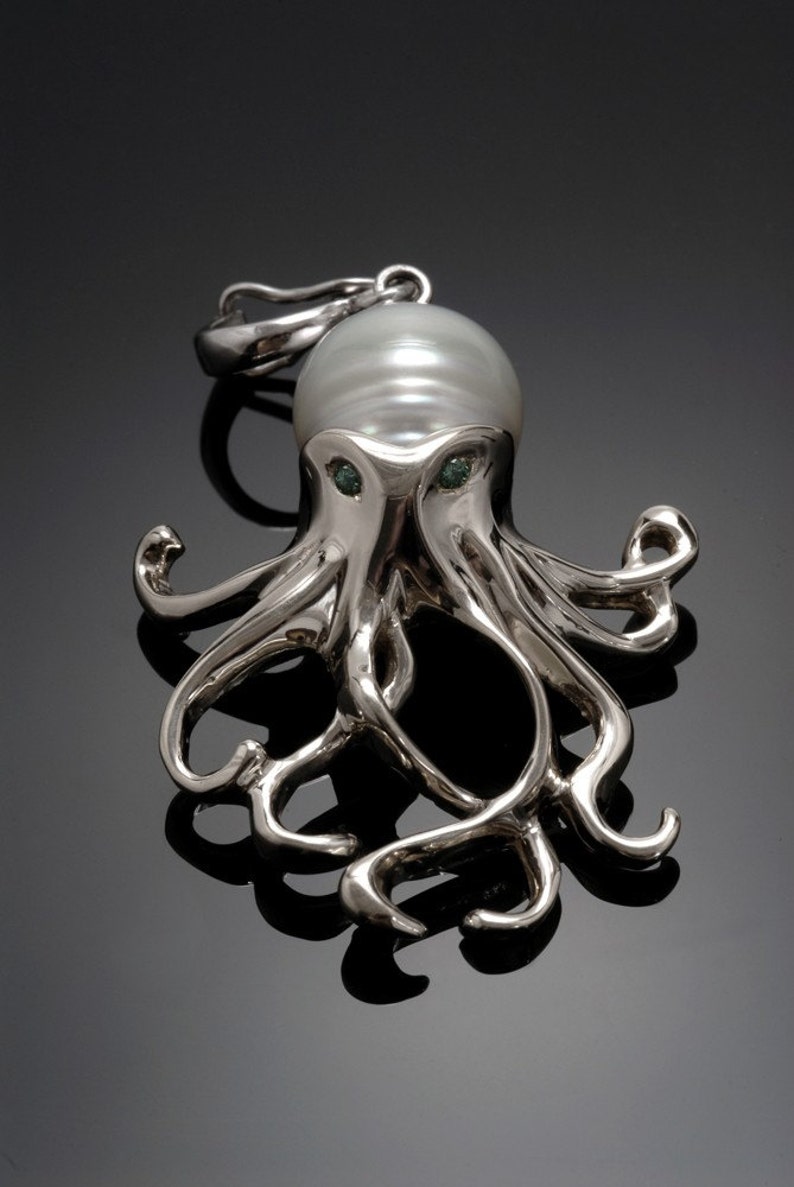 Octopus pendant in Sterling Silver with pearl body and gem eyes image 2