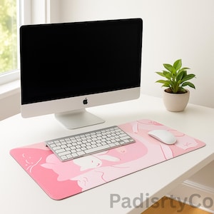 Kawaii Pink Cat Desk Mat – Cute Large Gaming Mouse Pad for Girl Gamers, Anime Deskpad, Aesthetic Keyboard Mat, Gift for Her Office Setup
