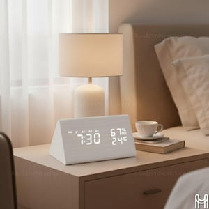 May include: A white, triangular digital clock displaying 7:30, 67%, and 24°C sits on a nightstand. A white lamp with a beige lampshade is behind the clock. A cup and saucer are on the nightstand. The text "Modern Nest Decor Co" is visible.