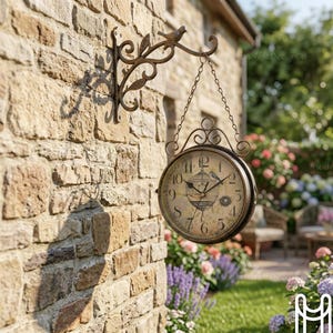 May include: A double-sided outdoor clock with a vintage design. The clock face features Roman numerals and a birdcage illustration. It hangs from a decorative metal bracket with a bird and leaf accents, mounted on a stone wall.