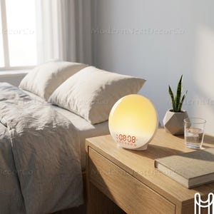 Puede incluir: Un despertador de amanecer blanco y amarillo con una pantalla digital que muestra la hora 08:08. El reloj está sobre una mesita de noche de madera junto a una cama con almohadas blancas y una colcha gris. También hay una pequeña planta y un vaso de agua.