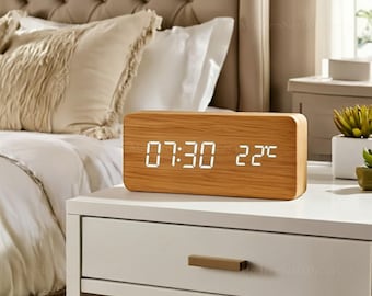 LED Wooden Alarm Clock Digital Desk Clock with Temperature & Humidity Display | Voice Control | USB/AAA Powered Bedside Table Clock