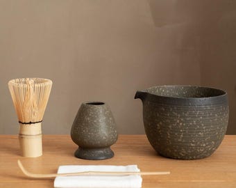 Japanese Matcha Tea Set, Stone Glaze Ceramic Chawan, Bamboo Whisk Kit