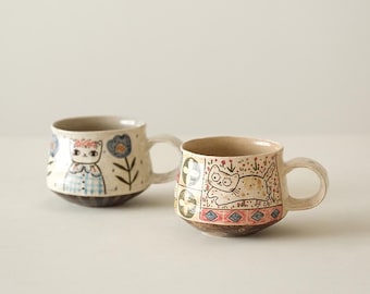 Hand-Painted Ceramic Cat Mugs, Floral Artisan Pottery, Kohiki Style,Self Care Gift