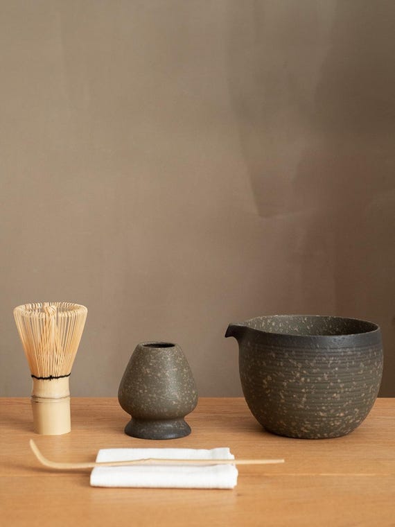 Japanese Matcha Tea Set, Stone Glaze Ceramic Chawan, Bamboo Whisk Kit