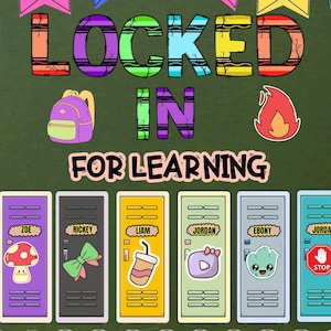 May include: A classroom bulletin board display featuring the text LOCKED IN FOR LEARNING in colorful, textured letters. Above are pennants with school icons. Below are eight lockers with name tags and various stickers including a mushroom and stop sign.